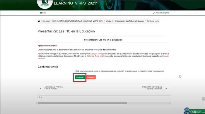 CONFIRMACION ENVIAR TAREA AULA VIRTUAL UNIQUINDIO