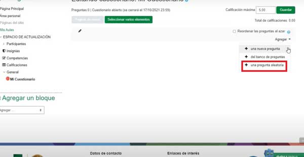 AGREGAR UNA PREGUNTA ALEATORIA PUBLICAR PREGUNTAS CUESTIONARIO EN MOODLE