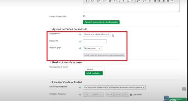 CONFIGURAR AJUSTES COMUNES DEL MODULO CREAR CUESTIONARIO EN MOODLE