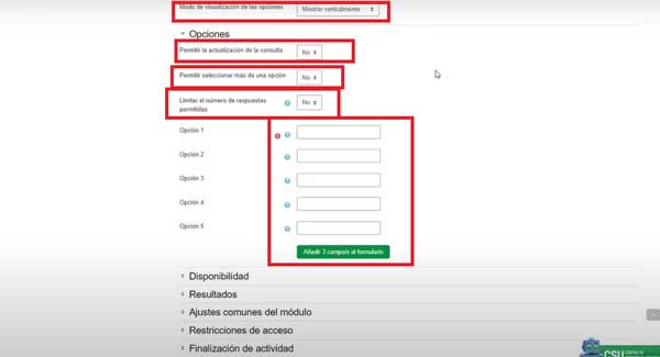 CONFIGURAR OPCIONES CREAR CONSULTA EN MOODLE