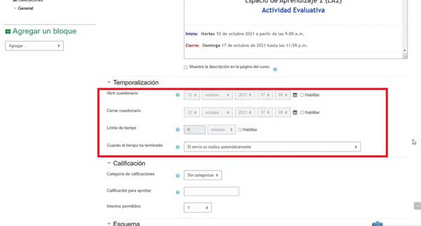 CONFIGURAR TEMPORALIZACION CREAR CUESTIONARIO EN MOODLE