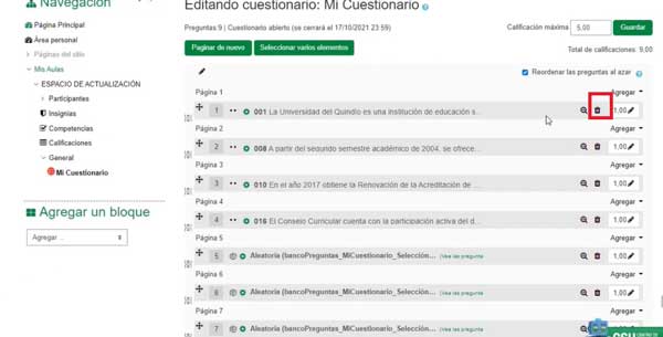 ELIMINAR PREGUNTA PUBLICAR PREGUNTAS CUESTIONARIO EN MOODLE