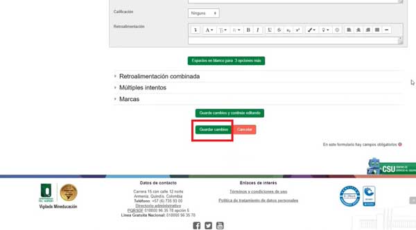 GUARDAR CAMBIOS PREGUNTA OPCION MULTIPLE UNICA RESPUESTA EN MOODLE