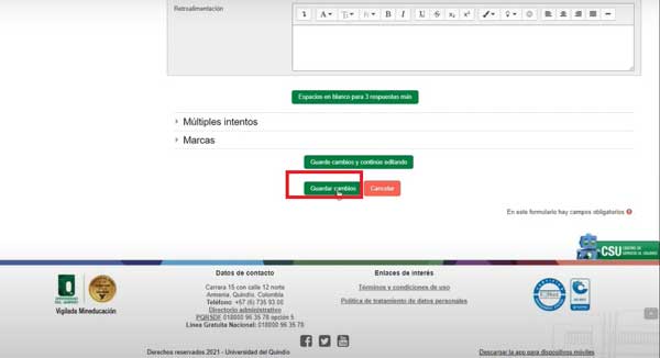 GUARDAR CAMBIOS PREGUNTAS RESPUESTA CORTA EN MOODLE