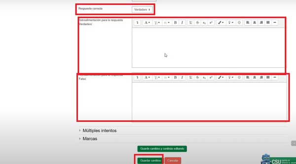 GUARDAR CAMBIOS PREGUNTAS VERDADERO FALSO EN MOODLE
