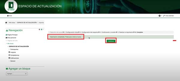 IMPORTACION COMPLETADA IMPORTAR ACTIVIDADES Y RECURSOS MOODLE