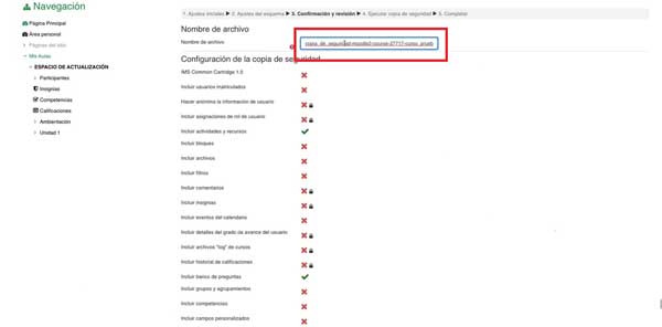 NOMBRE COPIA DE SEGURIDAD GENERAR COPIA DE SEGURIDAD MOODLE