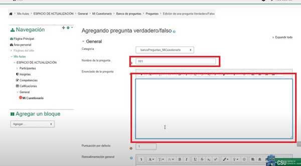 NOMBRE Y ENUNCIADO PREGUNTAS VERDADERO FALSO EN MOODLE
