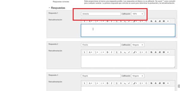 OPCIONES DE RESPUESTA PREGUNTAS RESPUESTA CORTA EN MOODLE
