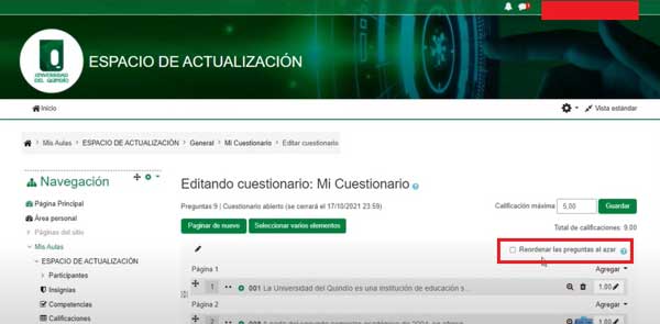 REORDENAR LAS PREGUNTAS AL AZAR PUBLICAR PREGUNTAS CUESTIONARIO EN MOODLE