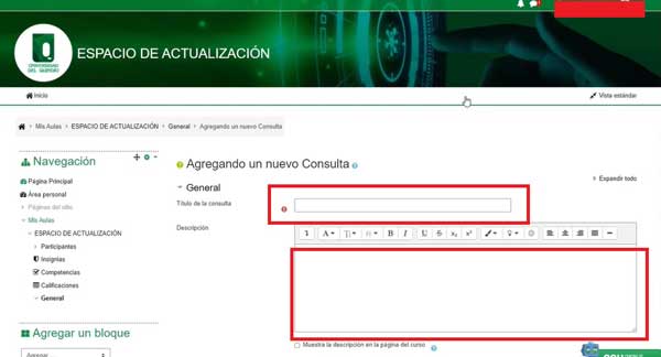 TITULO Y DESCRIPCION CREAR CONSULTA EN MOODLE
