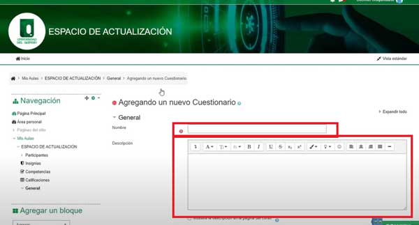 TITULO Y DESCRIPCION CREAR CUESTIONARIO EN MOODLE