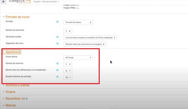 APARIENCIA DEL CURSO CREAR CURSO AULAS VIRTUALES