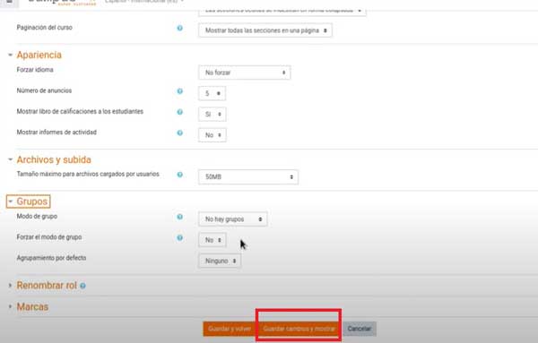 GUARDAR CAMBIOS Y MOSTRAR CREAR CURSO AULAS VIRTUALES