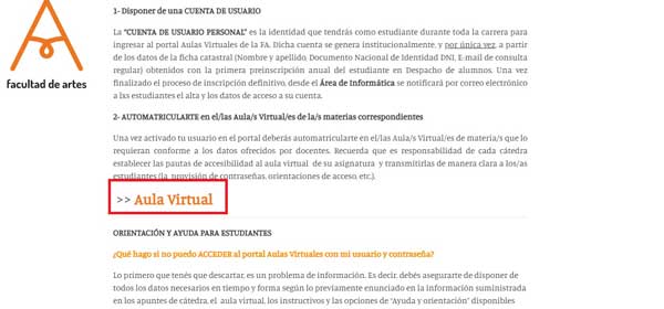 ENLACE ACCESO AULAS VIRTUALES FA UNC